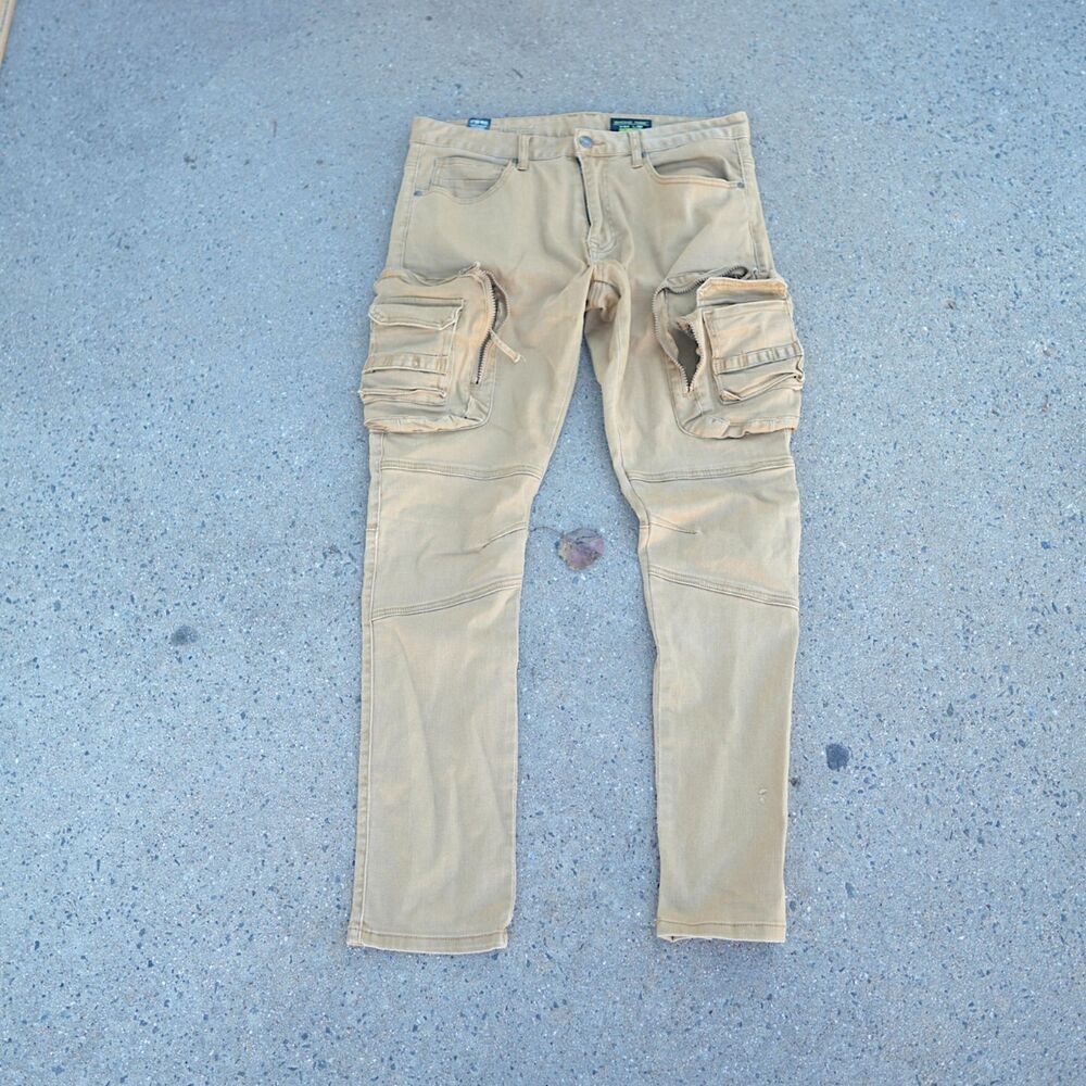 Men Khaki Tan Cargo Multi Pocket Distressed Slim Tapered Moto Pants W34 L32